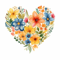Watercolor heart-shaped floral arrangement on white background for elegant designs