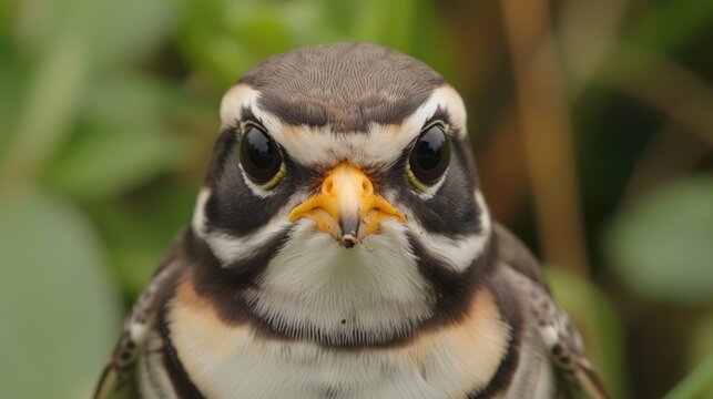a close - up of a bird with a yellow beak and brown and white face is looking at the camera.