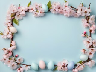 Naklejka na ściany i meble A tranquil light blue background anchors a delicate border of soft pink cherry blossoms and pastel Easter eggs, offering a serene frame for festive springtime messages.