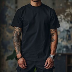 Black T-shirt mockup on a male model, showcasing modern style and versatility