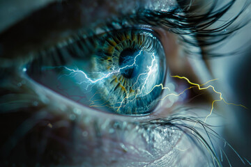 A close-up of a human eye with lightning reflected in the pupil