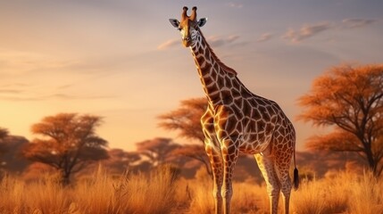 Majestic giraffe in the african savannah, standing tall and graceful in its serene natural habitat - obrazy, fototapety, plakaty