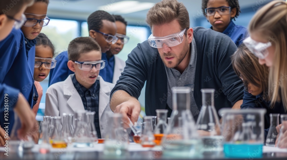 Poster a fun event is taking place in a lab where a group of children are conducting a science experiment, 