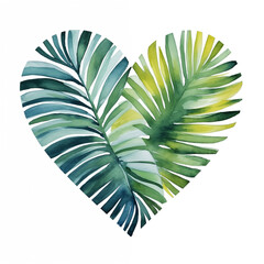 Heart-shaped watercolor tropical palm leaves illustration on white background