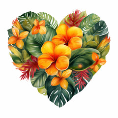 Watercolor tropical flowers in heart shape on white background