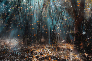 A bamboo forest rustles in the breeze. Abstract shafts of light pierce the canopy, illuminating fallen leaves.