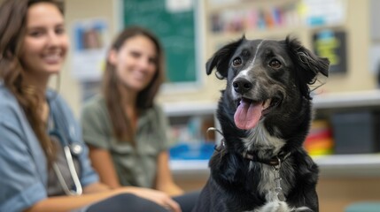 An educational workshop for pet owners on responsible pet care, with a veterinarian demonstrating proper nutrition and exercise.