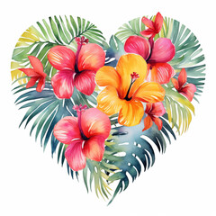 Watercolor heart of vibrant tropical flowers on white background