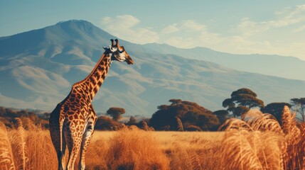 Majestic giraffe standing gracefully in the breathtaking african savannah wildlife reserve - obrazy, fototapety, plakaty