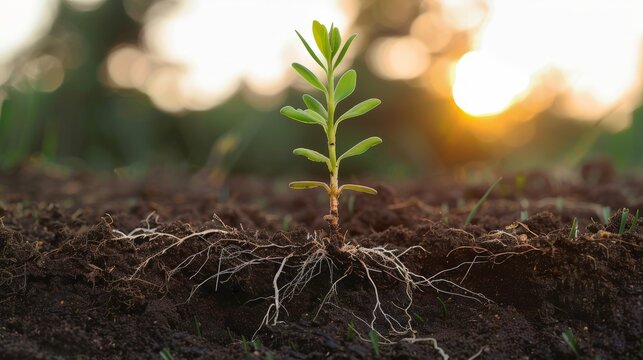 small pine tree in soil, roots appearing in the soil, background the sun is setting  