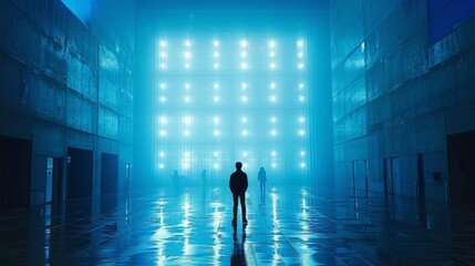  a person standing in a dark room with bright lights on the walls and a person standing in the middle of the room.