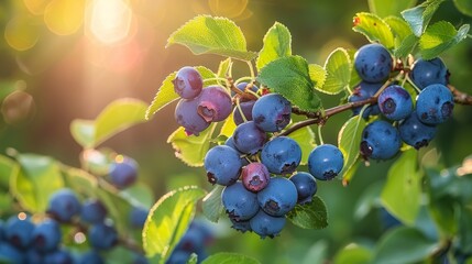  a close up of a bunch of blueberries on a tree branch with the sun shining through the green leaves.