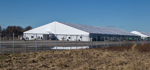 temporary migrant shelter at floyd bennett field in brooklyn new york city (nyc temp tent for...