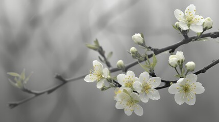  a black and white photo of a branch of a tree with white flowers in the foreground and a blurry background.