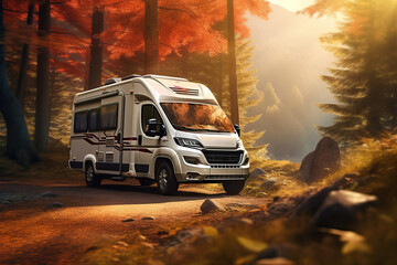 motorhome or big family van in a road trip, autumn forest natural background