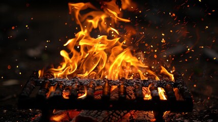 a close up of a fire in a grill with lots of flames coming out of the top of the grill.