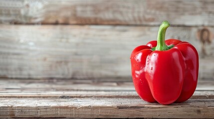  a red pepper sitting on top of a wooden table next to a piece of wood with a green stalk sticking out of it.