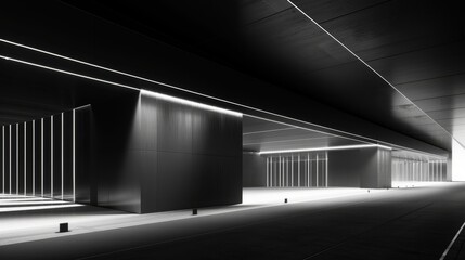  a black and white photo of the inside of a building with a lot of lights on the side of the building.