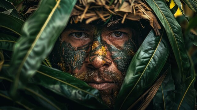  a man with his face painted like a bird on his face is hiding behind a large green leafy bush.