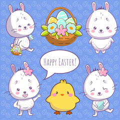 Easter bunny set in different poses with eggs, flowers and chicken, modern vector character