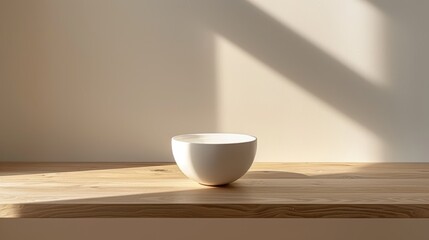 Fototapeta na wymiar a white bowl sitting on top of a wooden table next to a shadow of a light coming from a window.