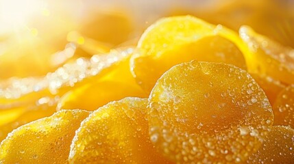  a close up of a bunch of lemons with drops of water on them and a sun shining in the background.