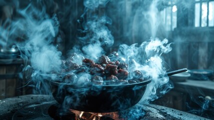  a pot filled with lots of smoke sitting on top of a stove top next to a pot filled with food.