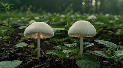  a couple of white mushrooms sitting on top of a lush green field of leafy green plants in front of a forest.