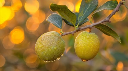  two limes hanging from a tree branch with water droplets on them and a yellow boke of light in the background.