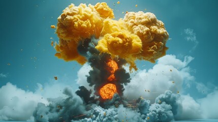  a very large explosion of yellow and black smoke and rocks on a blue sky with clouds in the foreground.