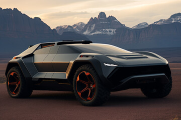 Sci-Fi Concept SUV with Mountains in the Background - GENERATIVE AI