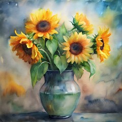 Watercolor drawing of sunflowers in a vase