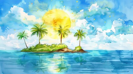 simple watercolor setting sun over a small tropical island with a few palm trees and calm ocean  