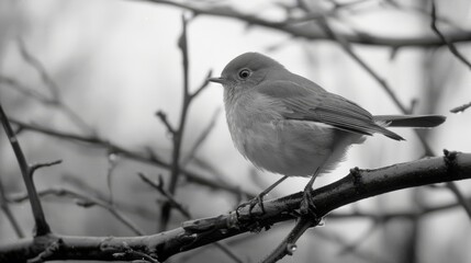  a black and white photo of a small bird perched on a branch of a tree with no leaves on it.