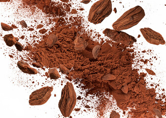 fresh cacao powder isolated over white, trendy levitation illustration created with generative ai technology