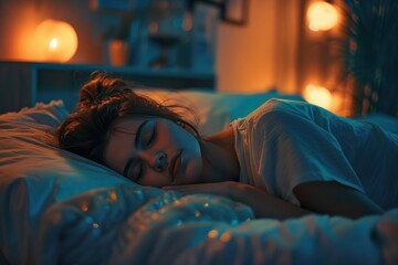 A woman is sleeping on a bed with a lamp. The room is dimly lit and has a cozy atmosphere
