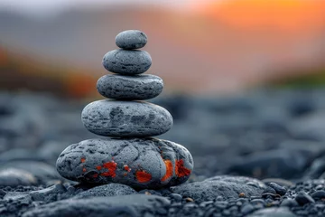Zelfklevend Fotobehang Stenen in het zand zen relaxation stones balancing, copy space