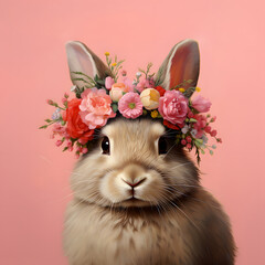 * Portrait of a beautiful brown rabbit with a flower wreath on her head. Pastel pink background.
