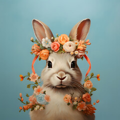 A beautiful brown rabbit with flowers on its head. Minimal Easter concept. Pastel blue background.