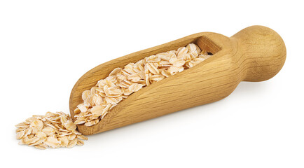 Oat flakes in wooden scoop isolated on white background with full depth of field