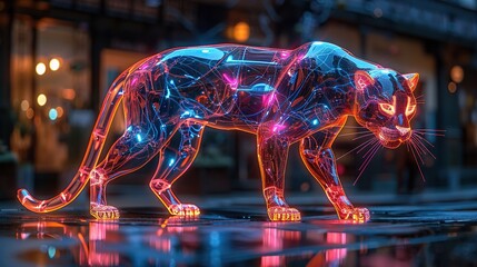 Illustration of a futuristic animal combining the sleekness of a panther with the neon glow of advanced machinery, exuding power and sophistication. - obrazy, fototapety, plakaty