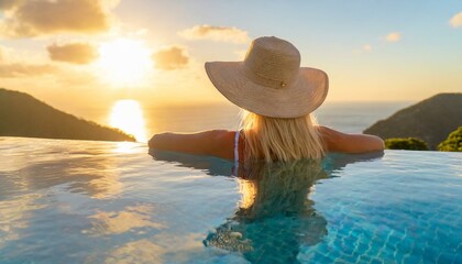Woman on summer vacation holiday relaxing in infinity swimming pool with blue sea sunset 