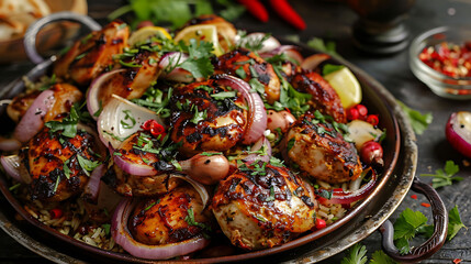 musakhan dish with roasted chicken and onions - obrazy, fototapety, plakaty