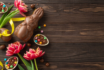 Joyful Easter confectionery display. Top view photo showing cracked open chocolate eggs, overflowing with rainbow candies, chocolate bunny, and lively tulips on timber table, blank area for messaging