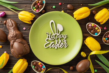 Easter sweet table scene: Top view photo of a 
