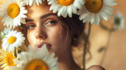 Schilderijen op glas girl with a daisy flowers © antkevyv