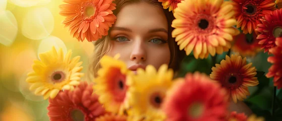 Fotobehang girl with gerbera flowers © antkevyv