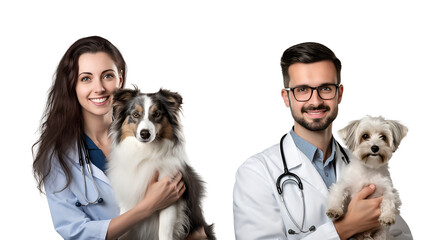 Man and Woman Veterinarian with Dog Set for the Banner of International Day of Veterinary Medicine, Isolated on Transparent Background, PNG
