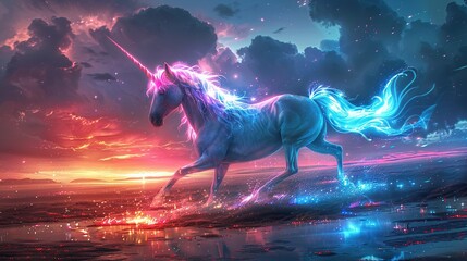 illustration of a magical creature merging the elegance of a unicorn with the vivid brilliance of neon colors