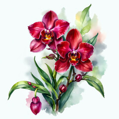 red orchid flowers. watercolor illustration with splashes and white background.